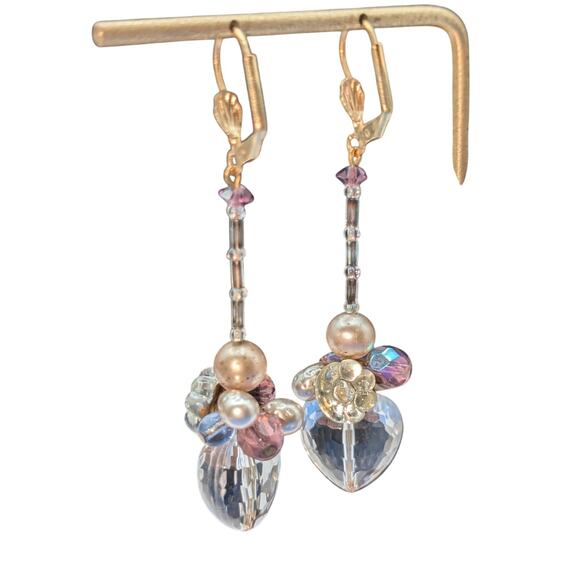 Crystal Faceted Heart Pearl Crystal Flower Beaded Gold Tone Lever Back Earrings - Picture 6 of 8
